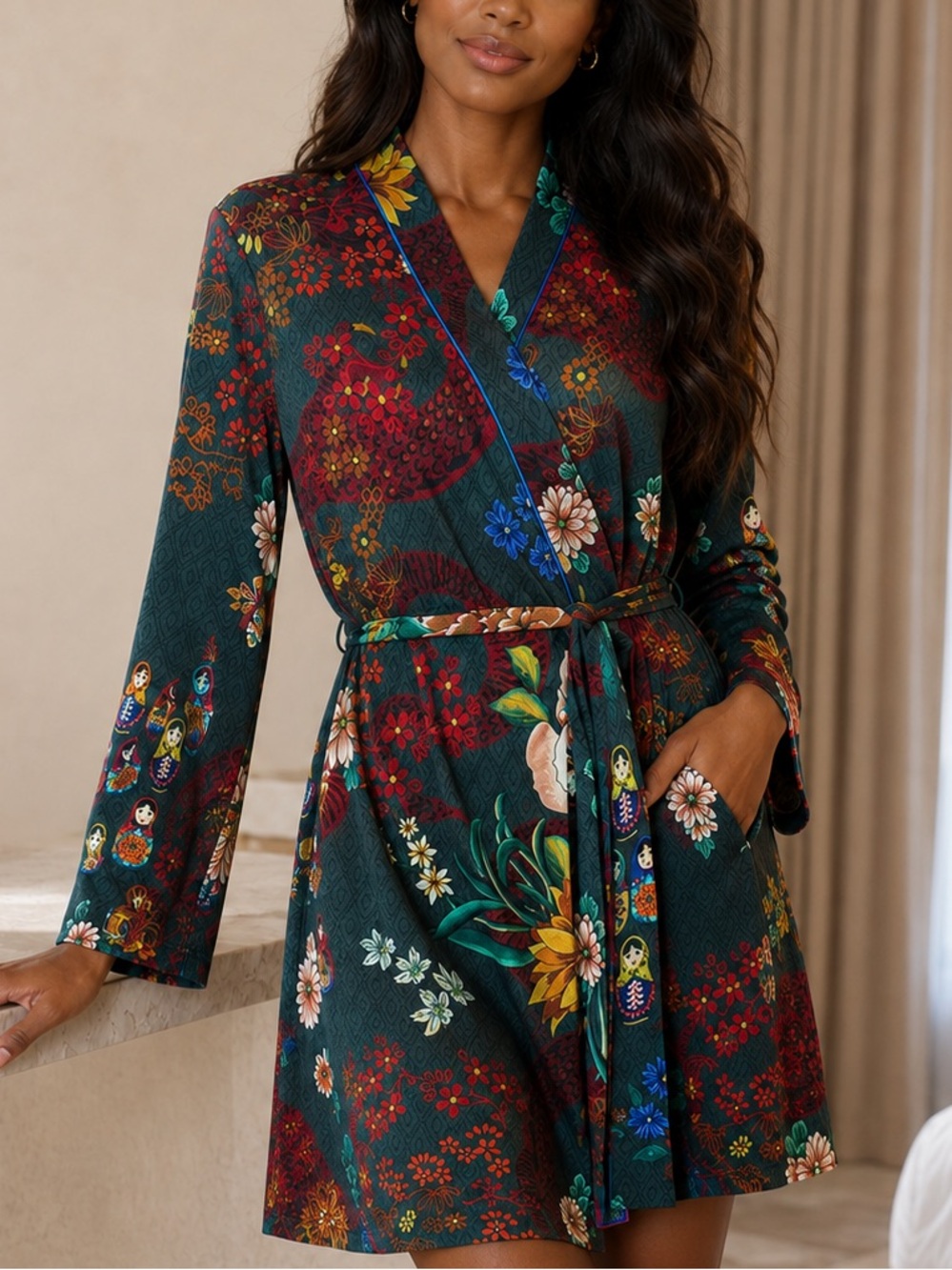 Johnny Was Matryoshka Russian Doll Robe XS Floral Pima Cotton Modal Boho Travel